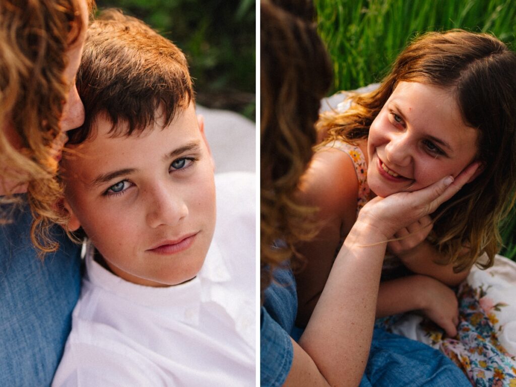 Mother kissing son's forehead (left), mother caressing daughter's face (right)