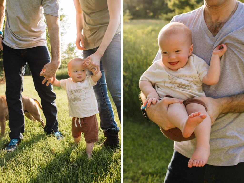 Mom and dad holding one year olds hands (left) and dad holding son (right).