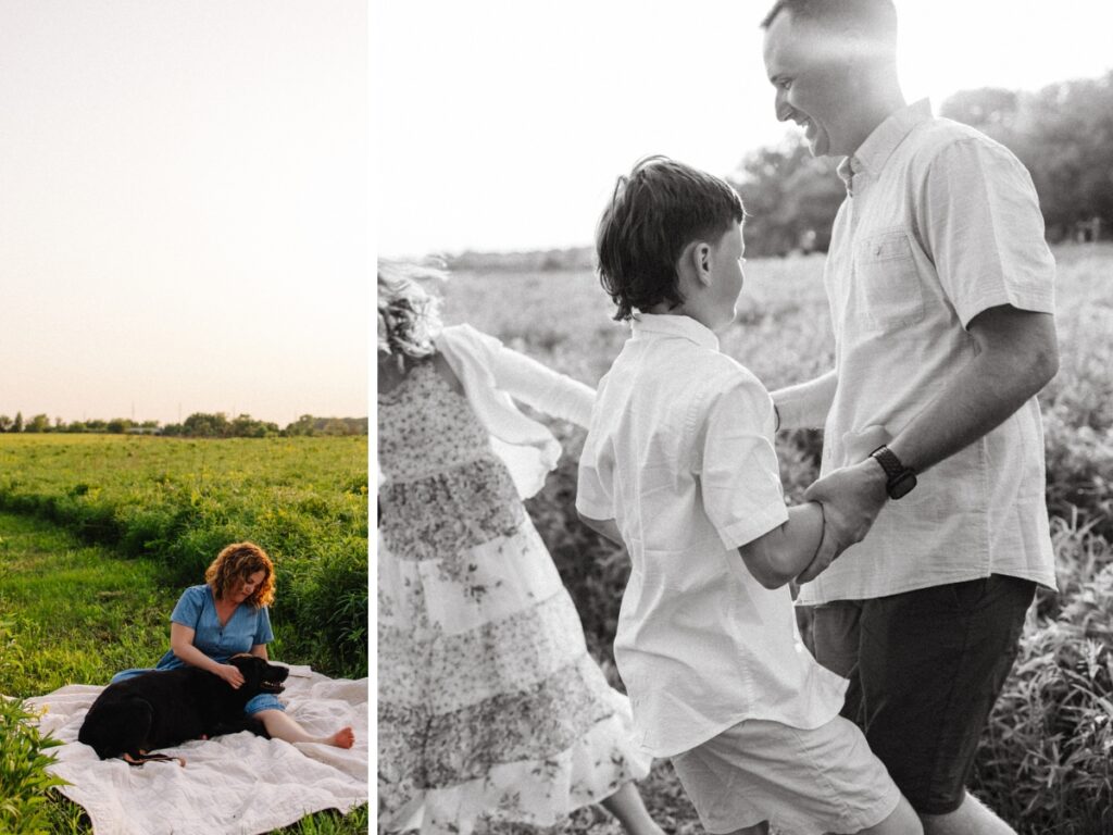 Woman sitting on blanket with dog (left), father playing with his children (right)