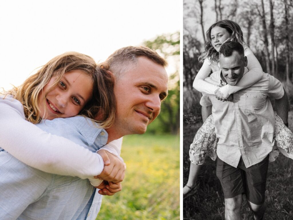 Father giving daughter a piggy-back ride at Midewin Iron Bridge Trailhead in Elwood, IL. 