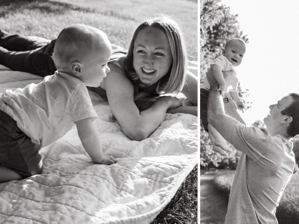 Mom and dad playing with one year old.