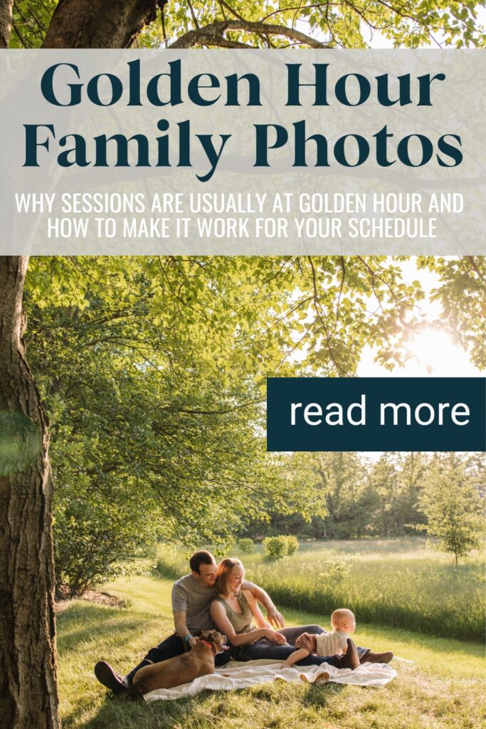 Family of three with dog on blanket at Golden Hour.