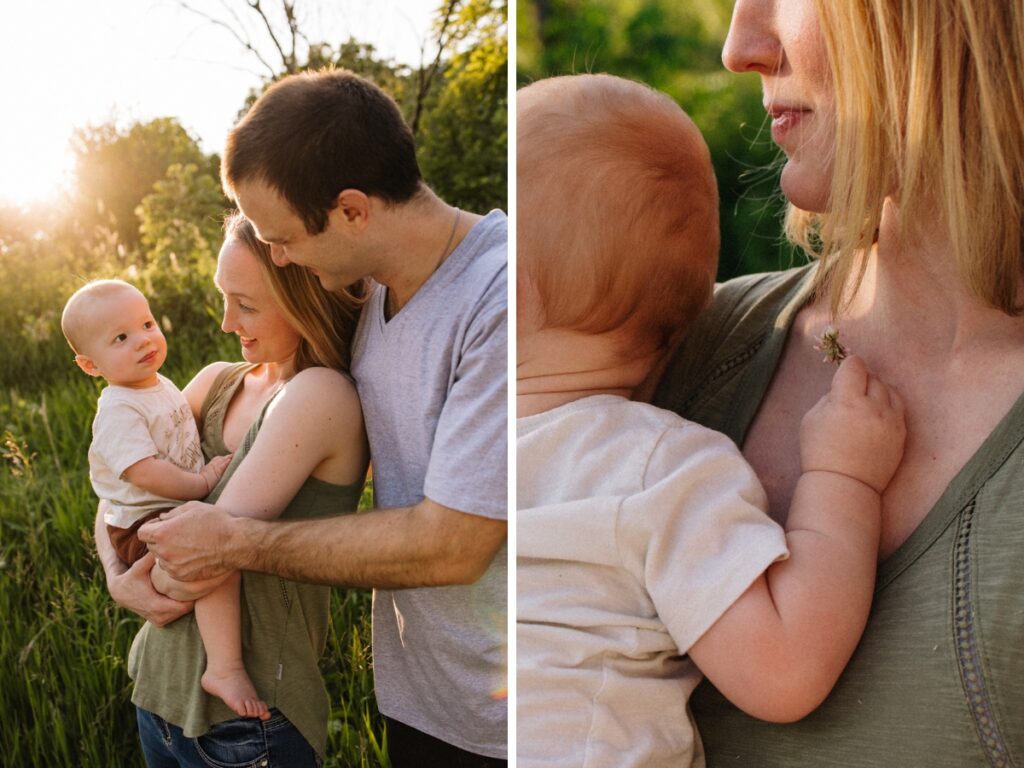 parents holding one year old (left) and mother holding son (right) during golden hour family photos