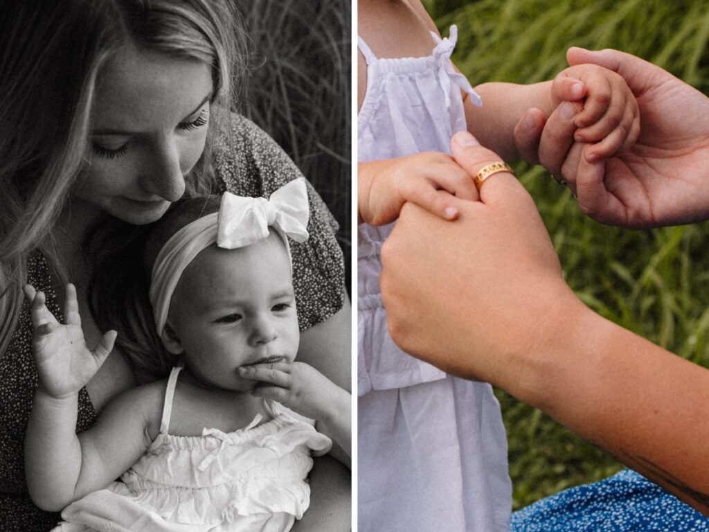 mother holding daughter (left) mother and child holding both hands (right)