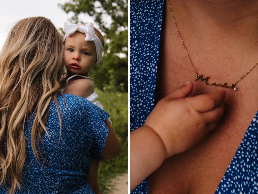 Mother holding daughter (left), daughter reaching for mother's necklace (right)